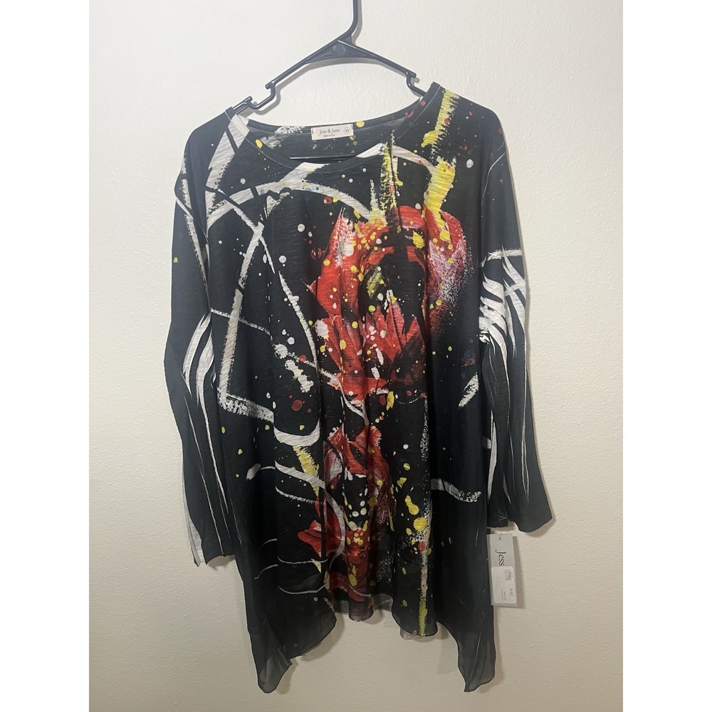 Jess And Jane 2X Black Asymmetrical Sheer Hem Tunic Top Textured Made In USA